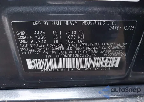 2011 Subaru Legacy 2.5I Premium from USA, damaged, VIN 4S3BMBF62B3235215